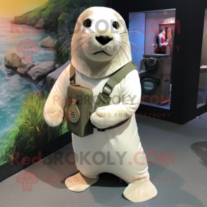 White Sea Lion mascot costume character dressed with a Cargo Pants and Hair clips