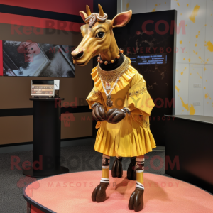 Gold Okapi mascot costume character dressed with a Dress and Lapel pins