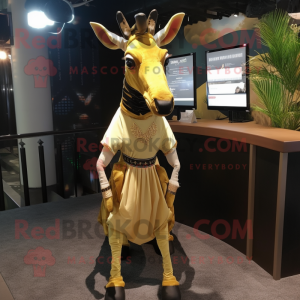 Gold Okapi mascot costume character dressed with a Dress and Lapel pins