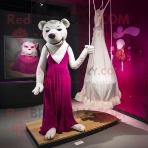 Magenta Trapeze Artist mascot costume character dressed with a Wedding Dress and Brooches