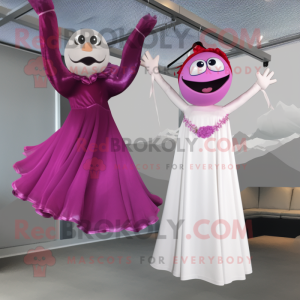 Magenta Trapeze Artist mascot costume character dressed with a Wedding Dress and Brooches
