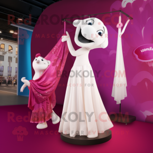 Magenta Trapeze Artist mascot costume character dressed with a Wedding Dress and Brooches