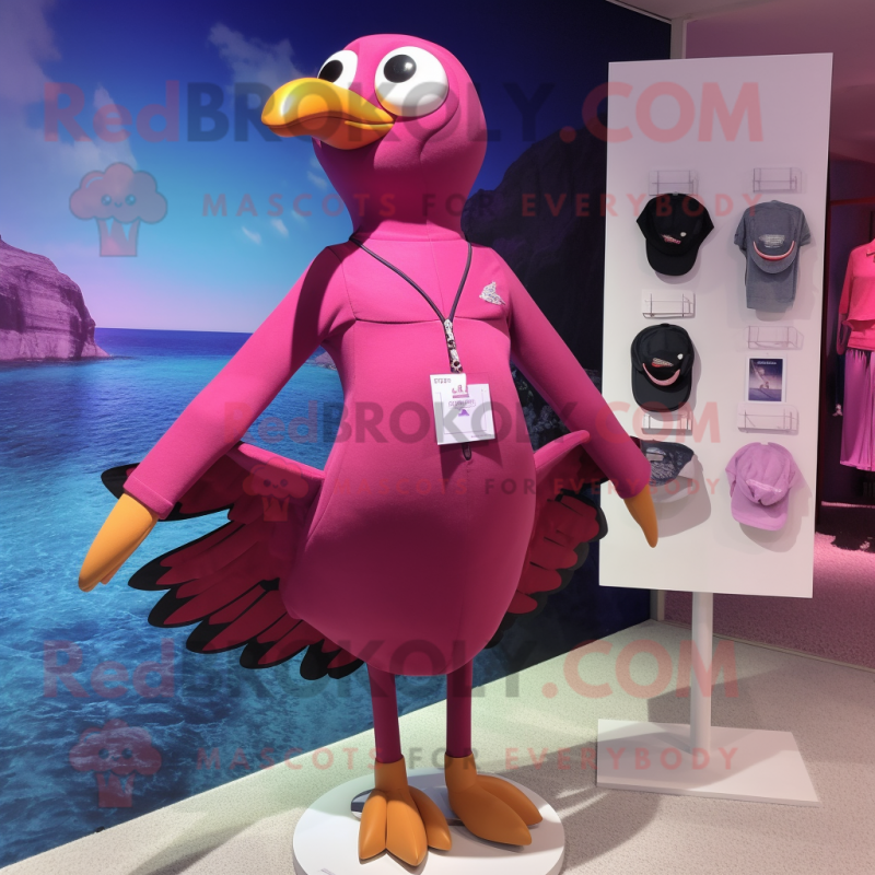 Magenta Gull mascot costume character dressed with a One-Piece Swimsuit and Lapel pins