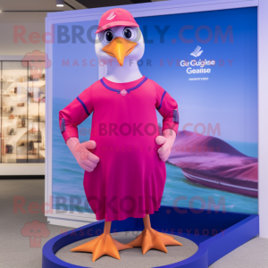 Magenta Gull mascot costume character dressed with a One-Piece Swimsuit and Lapel pins