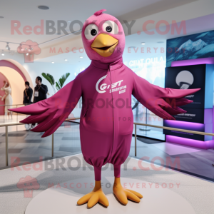Magenta Gull mascot costume character dressed with a One-Piece Swimsuit and Lapel pins