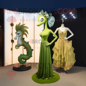 Olive Seahorse mascot costume character dressed with a Evening Gown and Hairpins