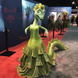 Olive Seahorse mascot costume character dressed with a Evening Gown and Hairpins