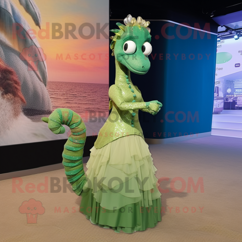 Olive Seahorse mascot costume character dressed with a Evening Gown and Hairpins