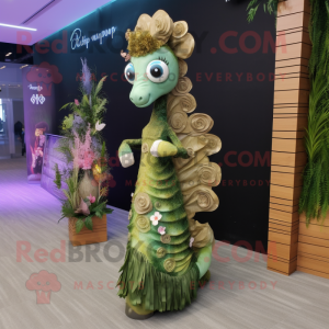 Olive Seahorse mascot costume character dressed with a Evening Gown and Hairpins