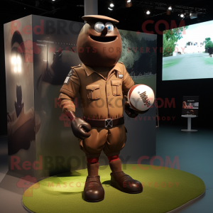 Brown Grenade mascot costume character dressed with a Rugby Shirt and Cufflinks