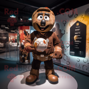 Brown Grenade mascot costume character dressed with a Rugby Shirt and Cufflinks