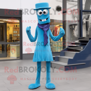 Cyan Stilt Walker mascot costume character dressed with a Vest and Scarf clips