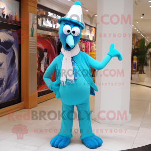Cyan Stilt Walker mascot costume character dressed with a Vest and Scarf clips