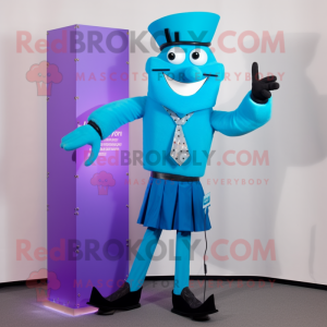 Cyan Stilt Walker mascot costume character dressed with a Vest and Scarf clips