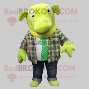 Lime Green Humpback Whale mascot costume character dressed with a Flannel Shirt and Earrings