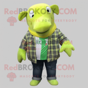 Lime Green Humpback Whale mascot costume character dressed with a Flannel Shirt and Earrings