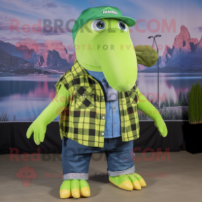 Lime Green Humpback Whale mascot costume character dressed with a Flannel Shirt and Earrings