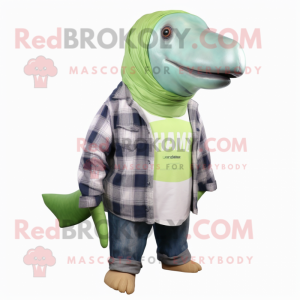 Lime Green Humpback Whale mascot costume character dressed with a Flannel Shirt and Earrings