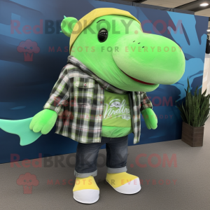 Lime Green Humpback Whale mascot costume character dressed with a Flannel Shirt and Earrings