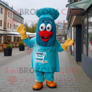 Cyan Currywurst mascot costume character dressed with a Cover-up and Berets