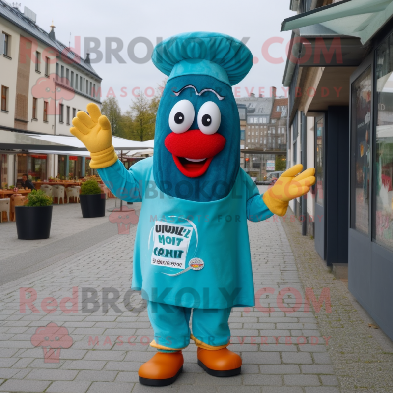 Cyan Currywurst mascot costume character dressed with a Cover-up and Berets Cyan Currywurst mascot costume character dressed with a Cover-up and Berets