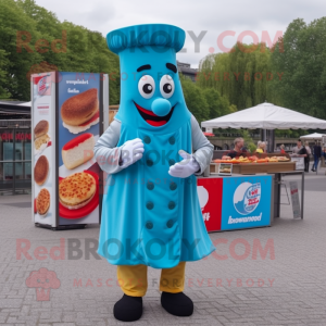 Cyan Currywurst mascot costume character dressed with a Cover-up and Berets