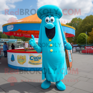 Cyan Currywurst mascot costume character dressed with a Cover-up and Berets