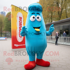 Cyan Currywurst mascot costume character dressed with a Cover-up and Berets