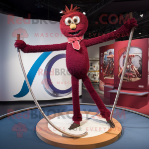 Maroon Tightrope Walker mascot costume character dressed with a Skinny Jeans and Shawl pins