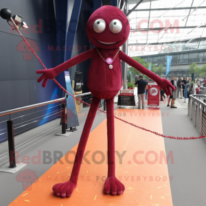 Maroon Tightrope Walker mascot costume character dressed with a Skinny Jeans and Shawl pins