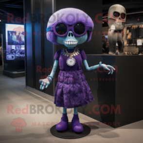 Purple Skull mascot costume character dressed with a Mini Skirt and Sunglasses