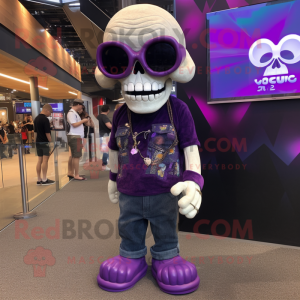 Purple Skull mascot costume character dressed with a Mini Skirt and Sunglasses