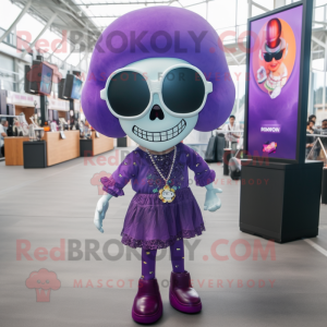 Purple Skull mascot costume character dressed with a Mini Skirt and Sunglasses