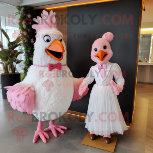 Pink Fried Chicken mascot costume character dressed with a Wedding Dress and Pocket squares