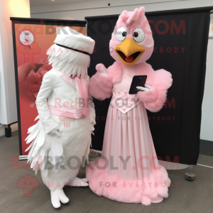 Pink Fried Chicken mascot costume character dressed with a Wedding Dress and Pocket squares