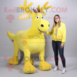 Lemon Yellow Moose mascot costume character dressed with a Jeggings and Shoe clips