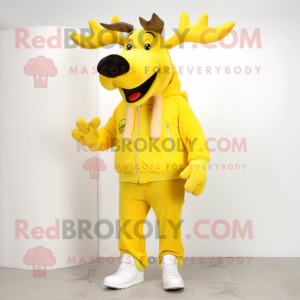 Lemon Yellow Moose mascot costume character dressed with a Jeggings and Shoe clips