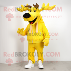 Lemon Yellow Moose mascot costume character dressed with a Jeggings and Shoe clips
