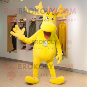 Lemon Yellow Moose mascot costume character dressed with a Jeggings and Shoe clips