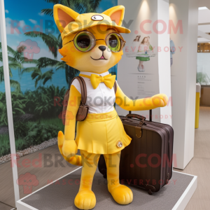 Yellow Cat mascot costume character dressed with a Bikini and Messenger bags