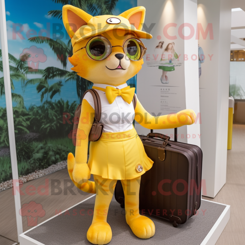 Yellow Cat mascot costume character dressed with a Bikini and Messenger bags Yellow Cat mascot costume character dressed with a Bikini and Messenger bags