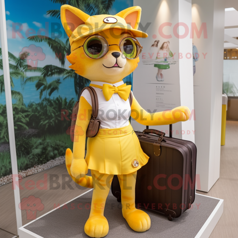 Yellow Cat mascot costume character dressed with a Bikini and Messenger bags