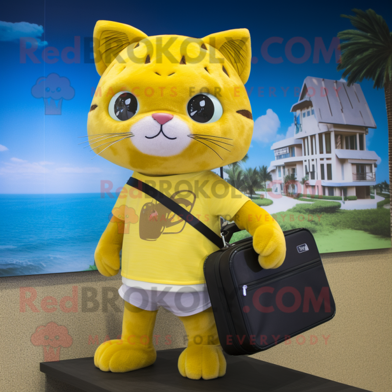 Yellow Cat mascot costume character dressed with a Bikini and Messenger bags