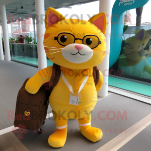 Yellow Cat mascot costume character dressed with a Bikini and Messenger bags