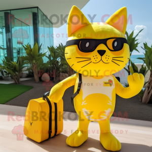 Yellow Cat mascot costume character dressed with a Bikini and Messenger bags