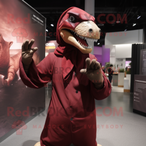 Maroon Tyrannosaurus mascot costume character dressed with a Long Sleeve Tee and Gloves