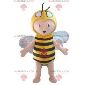 Menino mascote em fantasia de abelha amarela e preta -