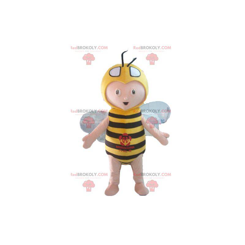 Chłopiec maskotka w żółto-czarnym stroju pszczoły -