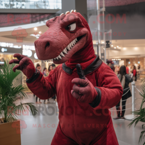 Maroon Tyrannosaurus mascot costume character dressed with a Long Sleeve Tee and Gloves