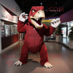 Maroon Tyrannosaurus mascot costume character dressed with a Long Sleeve Tee and Gloves